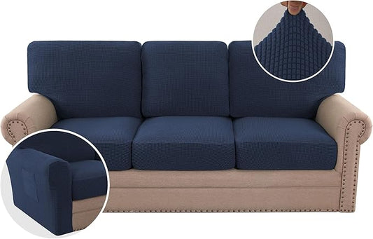 H.VERSAILTEX Multi-Pieces Sofa Covers Stretch Couch Covers Form Fitted Seats and Back Cushions Covers (3 Seat Covers Plus 3 Back Cusion Covers, Bonus 2 Armrest Covers), Navy