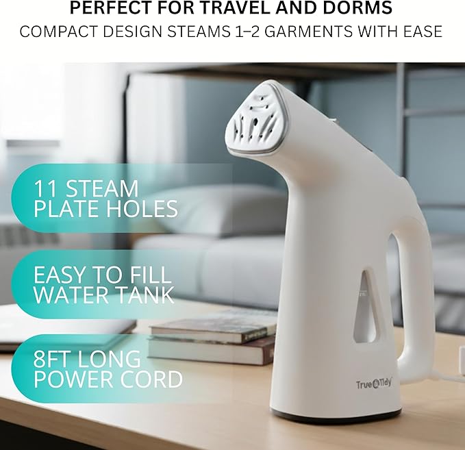 True & Tidy Compact Handheld Garment Steamer for Clothes, Travel Steamer with Stainless Steel Nozzle, 800 watts, White