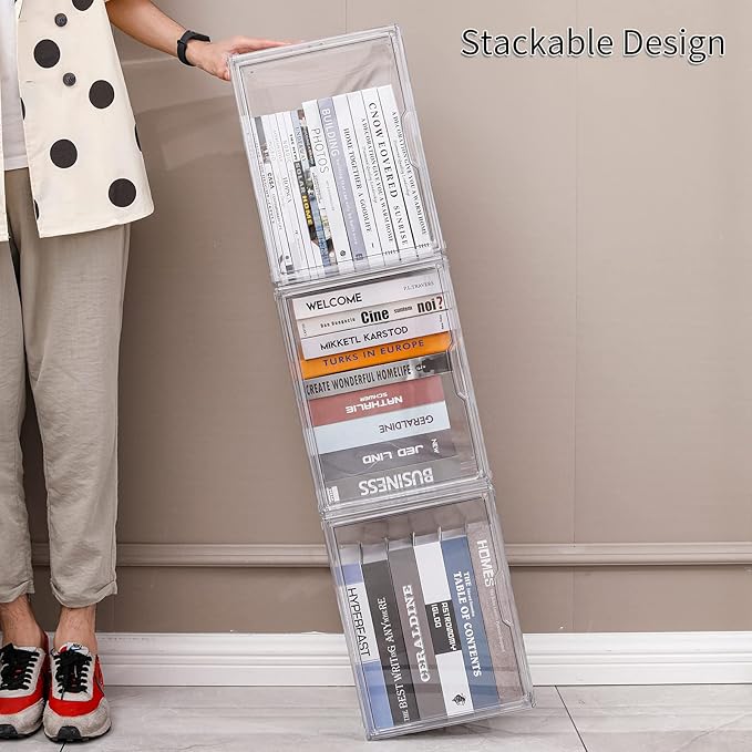 FABROK 2Pcs Clear Book Storage Organizer Box, Plastic Stackable Book Display Case with Magnetic Door, Assemble Storage Showcase for Toy Dolls, Books, Shoes Organizing