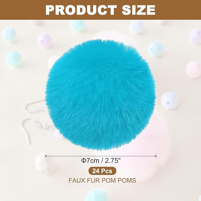 PATIKIL Faux Fur Pom Poms for Hats, 24 Pcs Fluffy Soft Fur Poms Balls with Elastic Loop for Keychain Knitting Hats DIY Scarves Gloves Bag Christmas, Lake Blue