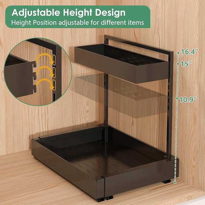 Expandable Under Sink Organizer, 2-Tier Under Cabinet Organizer, Height Adjustable Pull Out Rack for Kitchen Bathroom Laundry, Black, 1 Pack