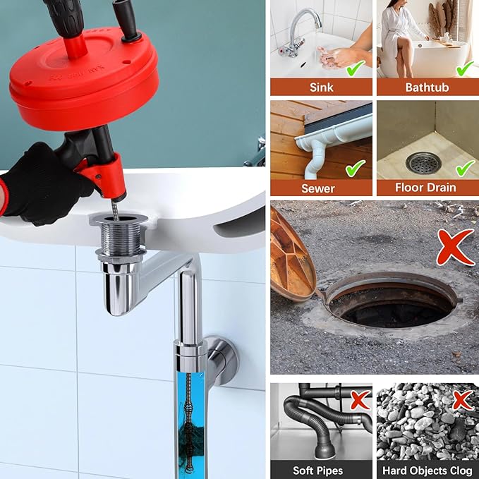35 FT Double Mode Drain Snake Tools, 11-in-1 Drain Auger for Sink and Drain Unblocking, Plumbing Snake for Kitchen, Bathrom and Shower Sink, Snake for Real DYIs (Red) NEW