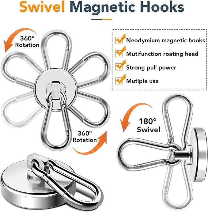 MIKEDE Magnetic Hooks Heavy Duty, 150LB Strong Swivel Neodymium Magnets with Magnetic Carabiner Hooks, Powerful Magnet Hooks for Hanging, Cruise Ship, Curtain, Home, Workplace - 6 Pack