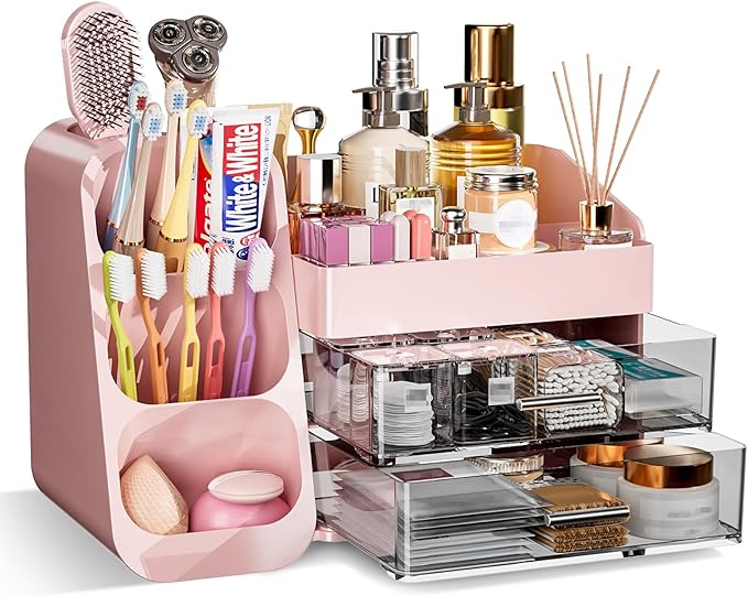 Makeup Organizer with Drawers for Vanity Bathroom Counter Organizers and Storage, Large Skincare Organizer with Brush Toothbrush Holder for Perfume, Nail Polish, Dresser, Office Supplies, Pink