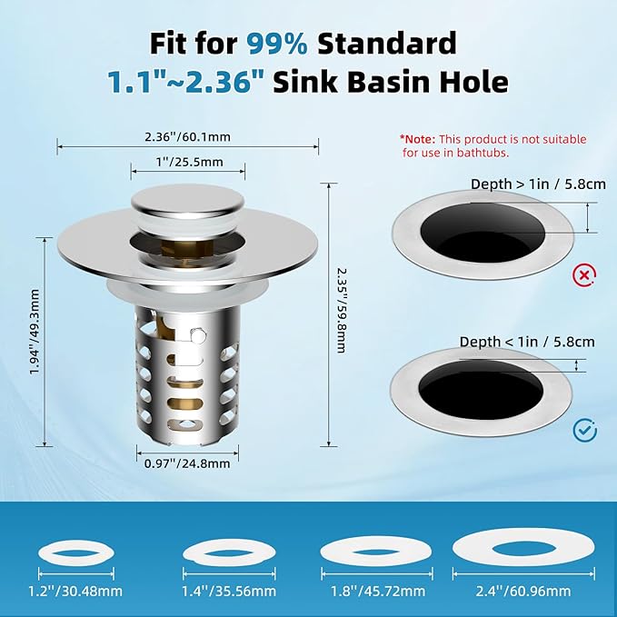 Upgraded Bathroom Sink Drain Strainer Hair Catcher 2PCS Universal 3 in 1 Pop-up Sink Stopper, Fit for Standard 1.1''~2.36'' Basin Hole, with Detachable Stainless Steel Filter Basket, Chrome
