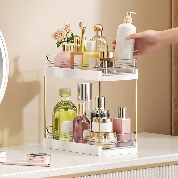 2 Tier Bathroom Counter Organizer, Removable Clear Tray Vanity Shelf for Makeup, Perfume, Skincare,Slide out Cosmetics Countertop Storage Rack for Bathroom Dresser，White