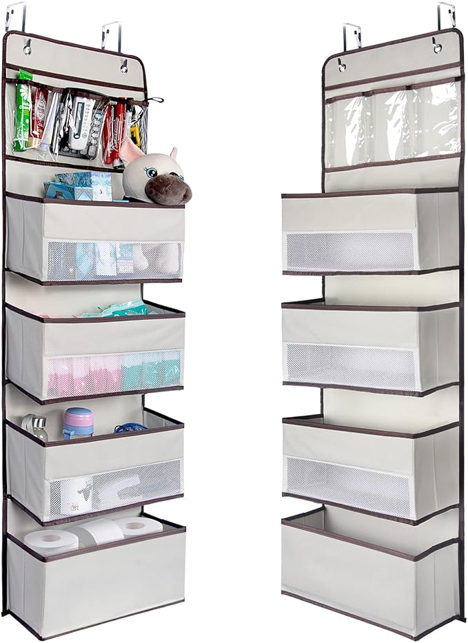 NesTidy 2 Pack Over The Door Organizer Storage, Wall Mount Hanging Organizer with 4 Large Capacity Pocket Organizers and 3 Small Pockets for Baby Essentials, Toys, Cosmetics, and Sundries (Beige)