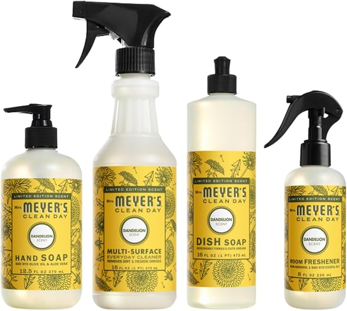 Mrs. MEYER'S Clean Day Dandelion Scent Variety Pack, Liquid Hand Soap 12.5 OZ, Liquid Dish Soap 16 OZ, Multi-Surface Cleaner 16 OZ, Room Freshener 8 OZ, 1 CT