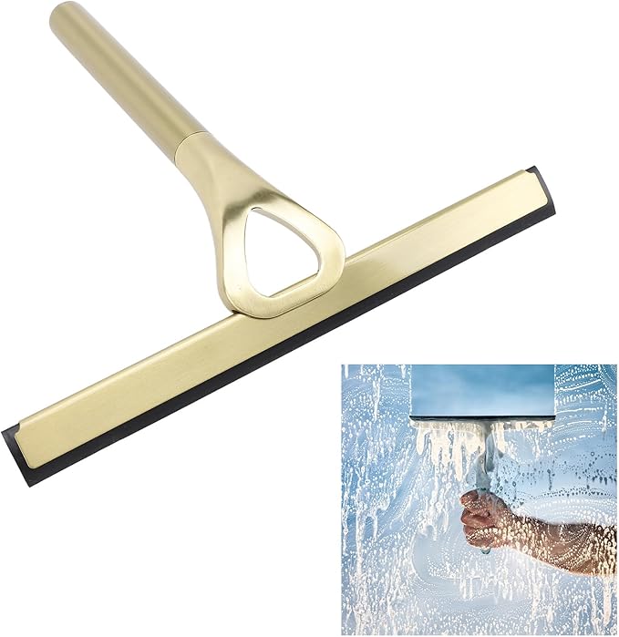 Shower Squeegee for Glass Doors, 304 Stainless Steel Silicone Window Squeegee Bathroom Cleaner Tool Shower Glass Squeegee Shower Door with Hooks for Window Cleaning (Gold)