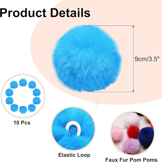 uxcell 3.5 Inch Faux Fur Pom Pom Balls, 10 Pcs Lake Blue Fluffy Soft Faux Fur Pom Poms for Hats with Elastic Loop for DIY Knitting Hats Keychain Scarves Gloves Bags Shoes Accessories