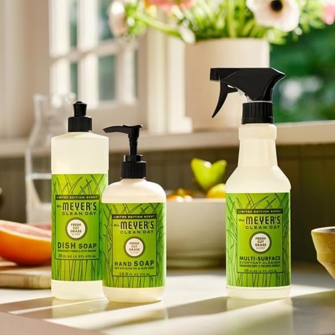 Mrs. MEYER'S Clean Day Fresh Cut Grass Scent Variety Pack, Liquid Hand Soap 12.5 FL OZ, Dish Soap 16 FL OZ, Multi-Surface Cleaner 16 FL OZ, Room Freshener 8 OZ, 1 CT