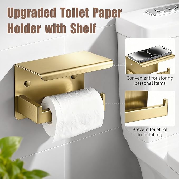 Brushed Gold Bathroom Accessories Hardware Set, 7-Pieces Stainless Steel Towel Racks for Bathroom, 16 Inch Towel Bar, Towel Holders, Updated Toilet Paper Holder with Shelf Wall Mounted