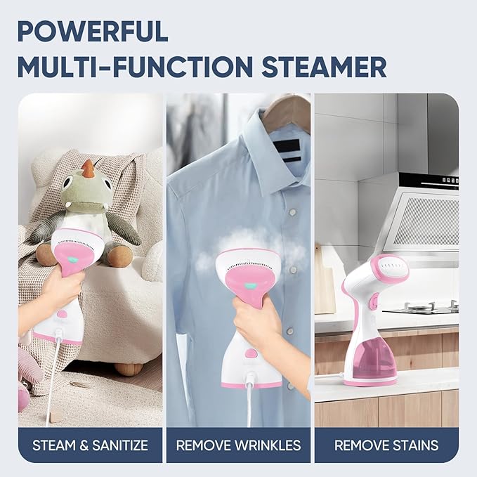 Steamer for Clothes, Kolohoso 1500W Fast Heat Up Handheld Garment Steamer, Portable Travel Clothing Fabric Steamer with Upgraded Nozzle and 260ml Water Tank (LightPink)
