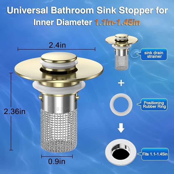 Sink Stopper Hair Catcher, Pop-up Sink Drain Strainer with Removable Stainless Steel Strainer Basket Hair Catcher, Bathroom Sink Strainer for Bathroom Sink Stopper Replacement(Brushed Gold-2PCS)