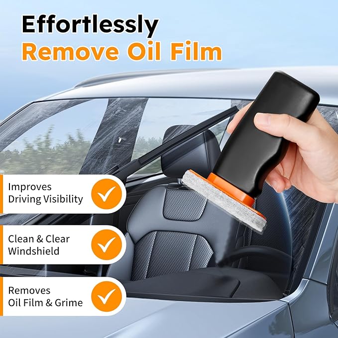 Glass Oil Film Remover for Car Windshield, Handheld Roll-On Glass Emulsion Cleaner with cleaning board, Removes Stubborn Oil Film & Grime for Improved Windshield Clarity for Safe Driving (3.38oz)