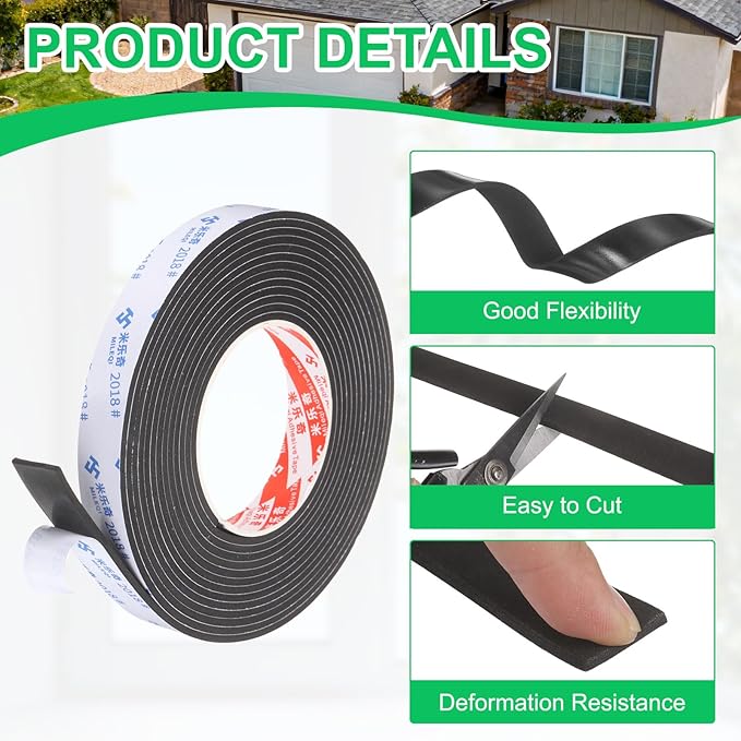 PATIKIL Sponge Rubber Foam Tape, 63/64" W x 1/8" t x 16.4ft l Self-Adhesive Foam Insulation Tape Weather Stripping for Window Door Soundproofing Weatherstrip AC Seal Strip, Black