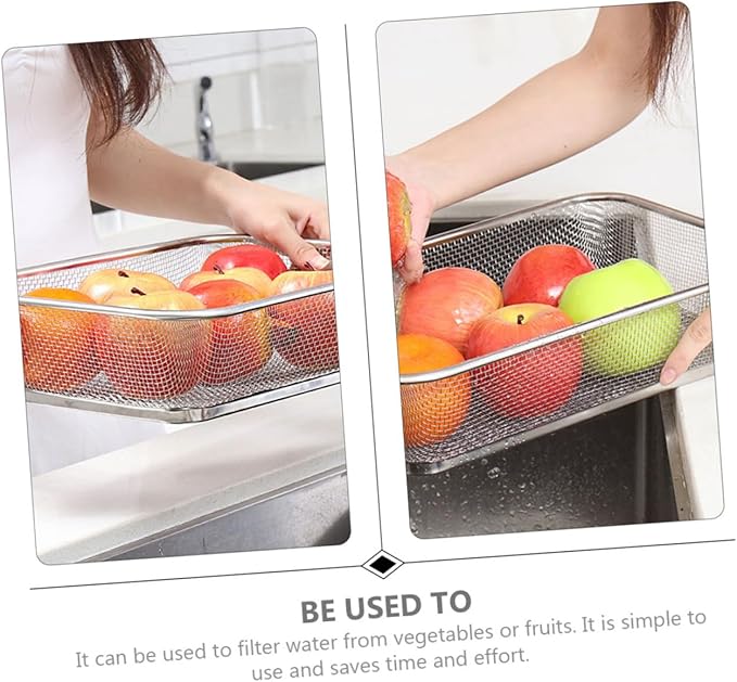 Stainless Steel Fine Mesh Drain Basket 13.4X9.8X3.1In Shallow Colander for Kitchen Sieve and Vegetable Washing Multi-Purpose Strainer with Holes for Easy Water Draining