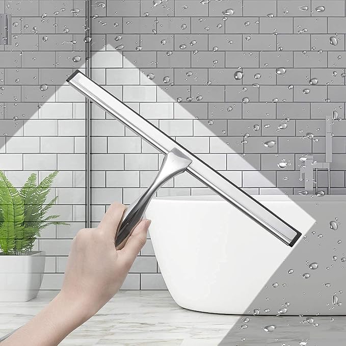 Simtive 12-Inch Shower Squeegee (Includes 1 Shower Door Hook and 1 Adhesive Hook), Shower Door Hooks (2-Pack), Both Silver, 2 Item Bundle