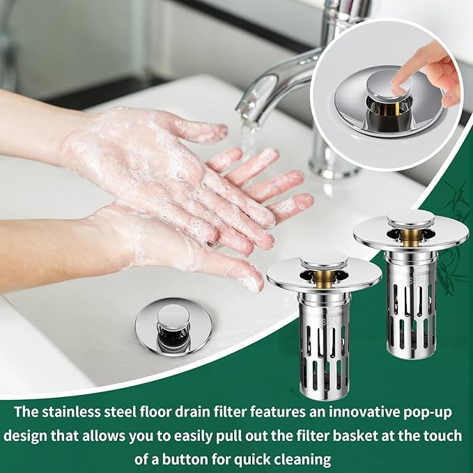 3 in 1 Sink Drain Strainer with Hair Catcher,8PCS Stainless Steel Popup Sink Stopper with Basket for Bathroom Kitchen Shower,Pop-up Bounce Core Floor Basin Drain Filter,Replacement Sink Plug