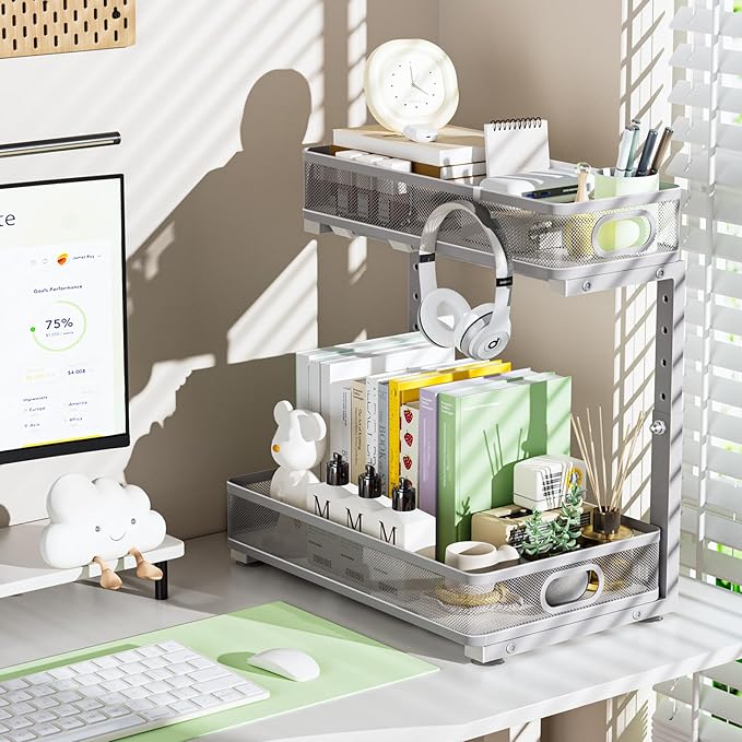 Under Sink Organizer, Height Adjustable 2 Tier Under Sink Organizers and Storage, Slide Out Metal Cabinet Organizers, Pull Out Sink Storage Drawer Shelf for Kitchen Bathroom Cabinet, Grey, 2 Pack