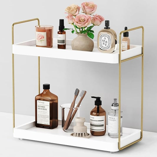 Forbena White and Gold Bathroom Counter Organizer, 2 Tier Makeup Vanity Organizer Countertop, Bathroom Sink Skincare Shelf Tray Organizers and Storage for Perfumes Lotions Kitchen Coffee Bar Decor