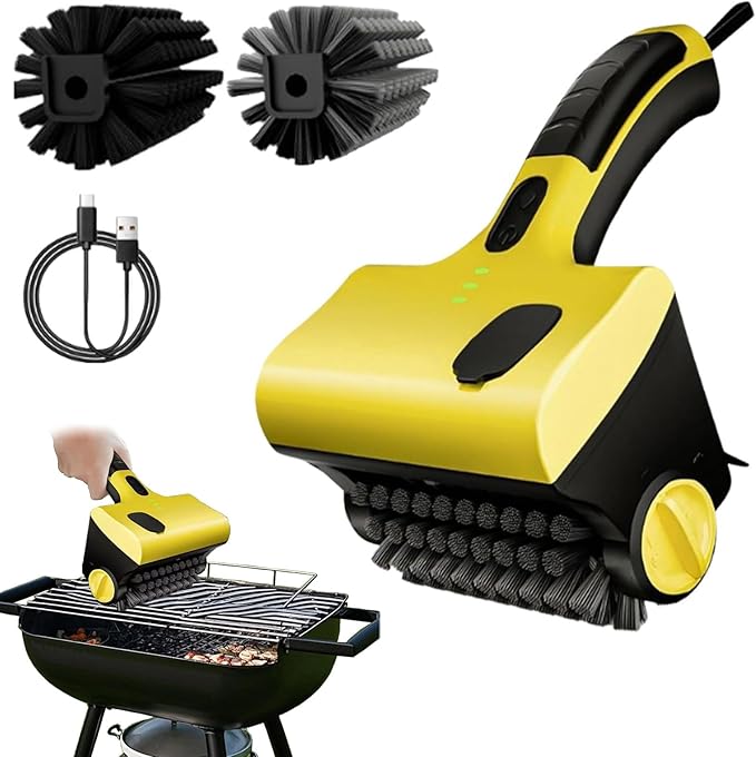 Electric BBQ Brush Grill Cleaner Rechargeable with Replaceable Stainless Steel and PP Brush Head - Cordless Power Roller Blasts Rotating Cleaning Brush for Outdoor BBQ, Kitchen, Bathroom (1PC)