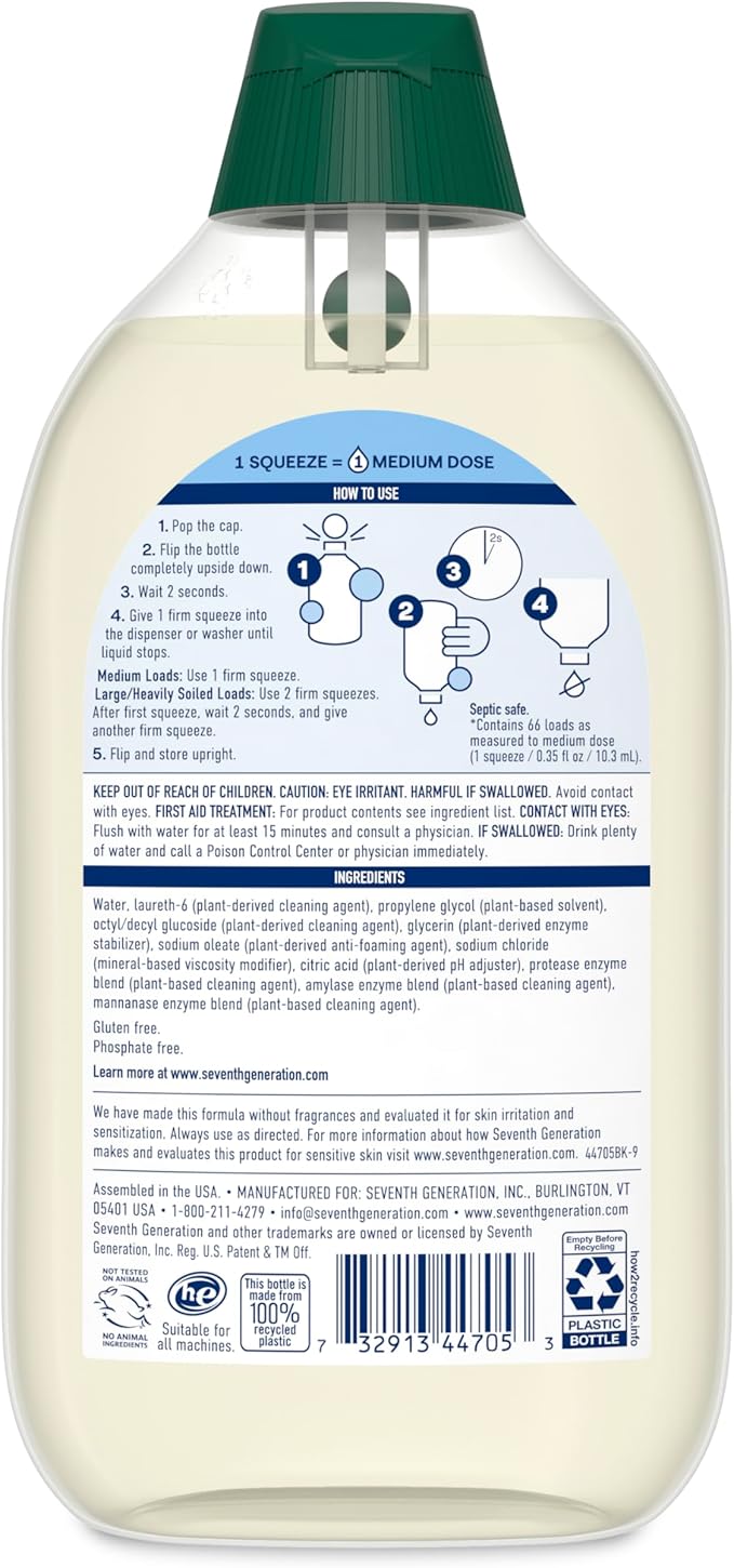 Seventh Generation Laundry Detergent, Ultra Concentrated EasyDose, Free & Clear, 23.1 Fl Oz (Pack of 2) (Packaging May Vary)