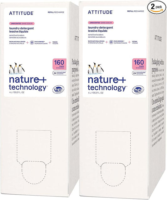 ATTITUDE Liquid Laundry Detergent Refill, EWG Verified, HE Compatible, Plant-Based & Vegan, Natural Laundry Soap, Unscented, 160 Loads, 135.26 Fl Oz (Pack of 2)