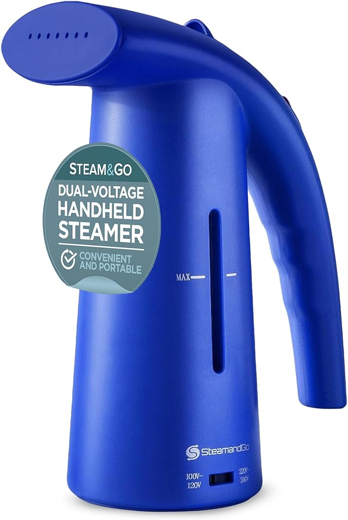 Steam & Go Portable Clothes Steamer - Compact Handheld for Shirts & Garments | Powerful Quick-Heating Corded Dual Voltage Travel Friendly - Blue