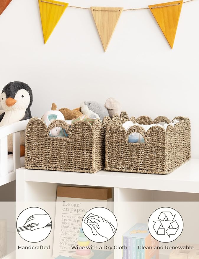 StorageWorks Scalloped Wicker Basket, Woven Baskets for Storage, Rattan Baskets with Handles, Paper Rope Basket for Organizing and Decor, 2 Pack