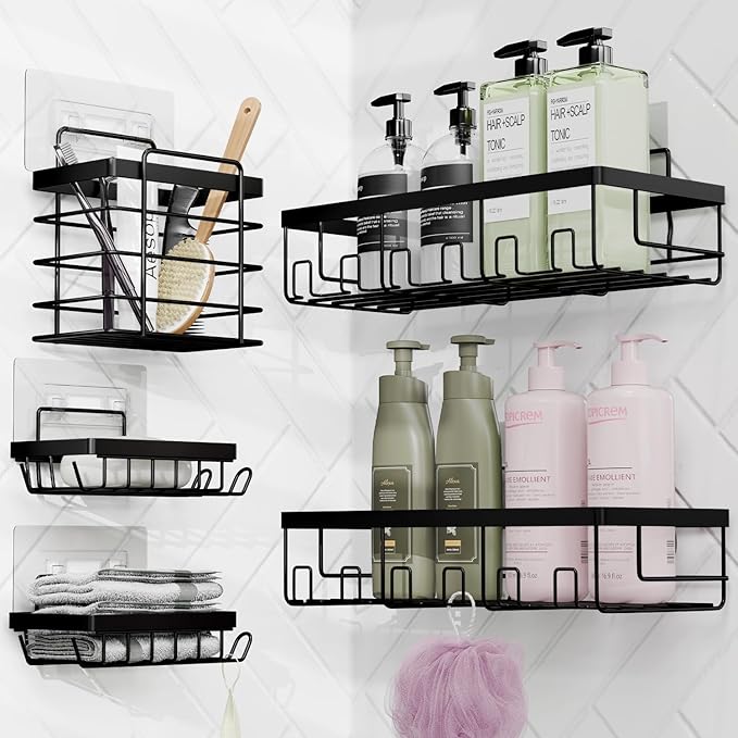 Clara Clark Bathroom Accessories Set - 27PC Bathroom Set with Adhesive Corner Shower Caddy Hanging, Bathroom Sets with Shower Curtain and Rugs, Navy Blue Shower Curtain Set with Bathroom Trash Can