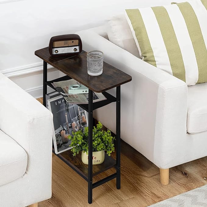 3-Tier Side Table Set of 2 for Living Room, Narrow End Table for Small Spaces with Wide Storage Top, Rustic Brown Skinny Nightstand for Bedroom, Sofa, Couch