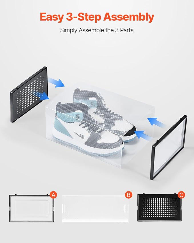 VEVOR Shoe Storage Boxes, 12 Pack Stackable Shoe Boxes Storage Organizers, Fit up to US Size 11, Plastic Modular Space Saving Sneaker Containers for Storing High Heels, Boots, and Hats, Black Frame