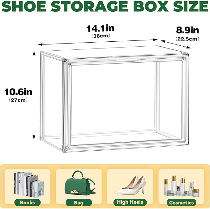 6 Pack Acrylic Shoe Storage Boxes Size 14 X-Large Clear Shoe Hat Containers Sneaker Display Case with Magnetic Door, Easy Assembly
