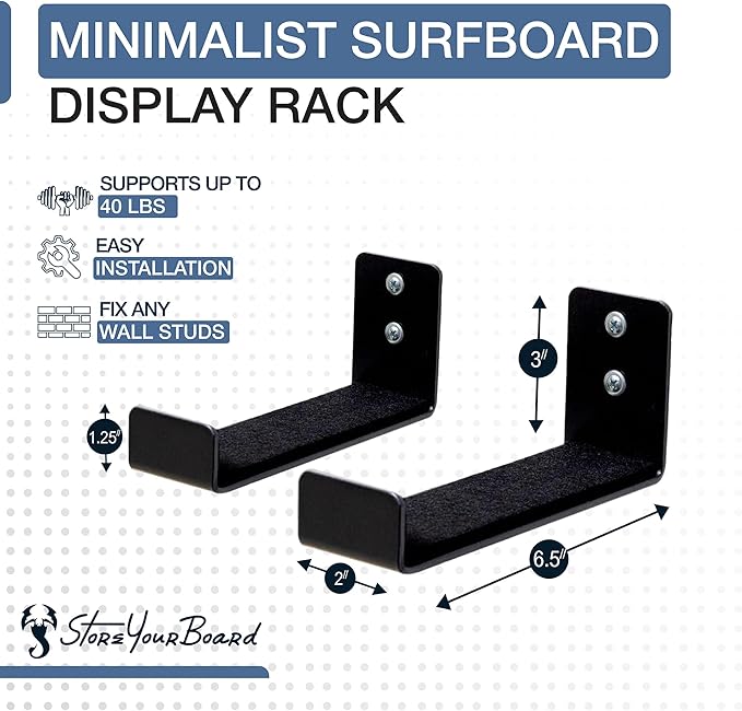 StoreYourBoard Naked Surf – The Original Minimalist Surfboard Rack, Heavy-Duty Black Aluminum Surf Board Wall Hangers for Display & Storage, Surfboard Wall Mount Holds 30 lbs