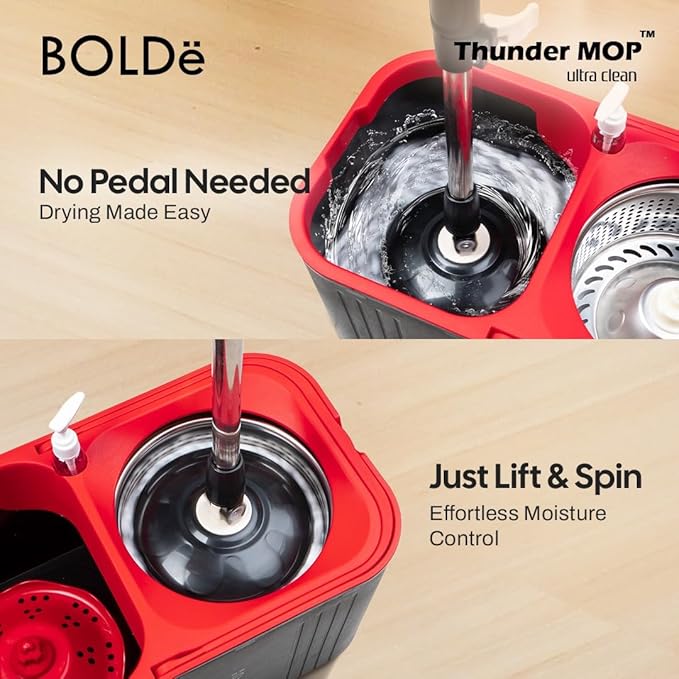 Thunder MOP Spin System - Ultra Clean - Single Bucket Microfiber Head, Stainless Steel Wringer, Antifungal Quick-Dry Cleaning, Soap Dispenser, 3 Free Refills (Black/Red)