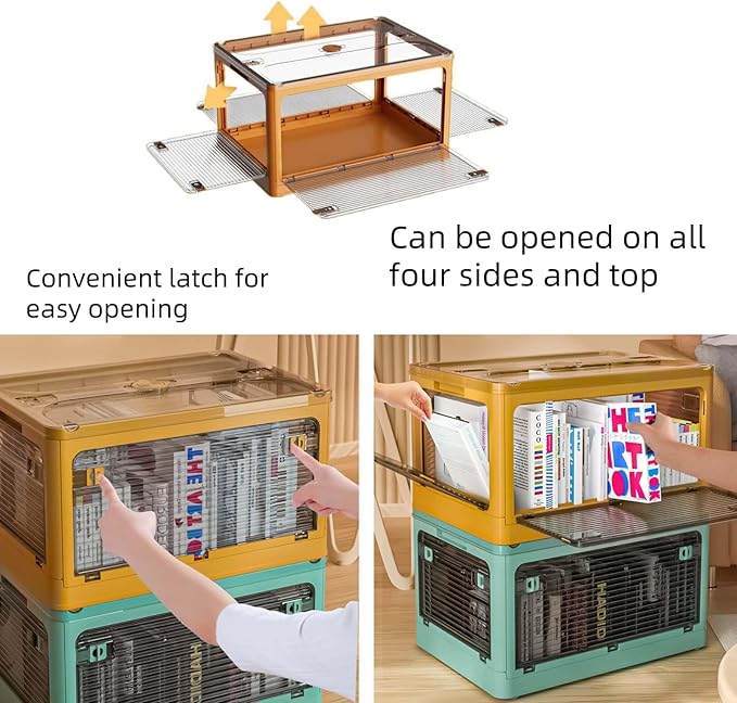49Qt(2Pack) 20.3x14.2x11.8 Clear Plastic Storage Bins With Lids, collapsible, stackable With Wheels and Four Doors, Closet Pantry Organizer,Clothes Organizer,Plastic Tool Box,Bathroom