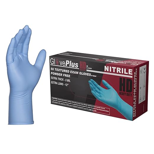 HD Medical Blue NitrileGloves - 8 mil, 12 inches Long, Latex Free, Powder Free, Textured, Disposable, Non-Sterile, Medium,GPNHD64100-BX, Box of 50