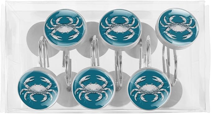Nautical Abstract Crab Shower Curtain Hooks 12Pcs, Decorative Rust Resistant Shower Rings for Shower Curtain Rods, Stainless Steel Round Curtain Hooks for Bathroom, Bedroom, Farmhouse