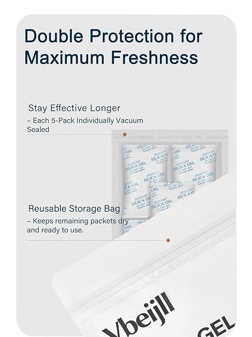 50 Gram (40 Pack) Color-Indicating Silica Gel Packets, Each 5 Pack Individually Sealed, Food Grade Desiccant - Rechargeable Moisture Absorbers for Food Storage, Electronics, 3D Filament & Safes
