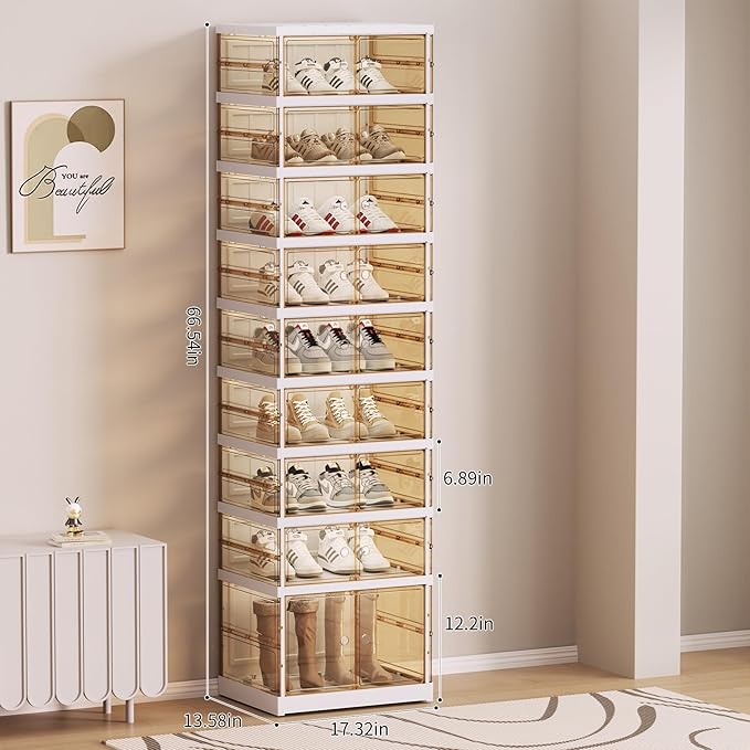 Foldable Collapsible Shoe Box Organizer Rack – 9 Tier Stackable Clear Sneaker Storage Boxes with Lids, Folding Shoe Cabinet Shelf, Plastic Portable Storage Bins with Easy Assembly for Closet Entryway