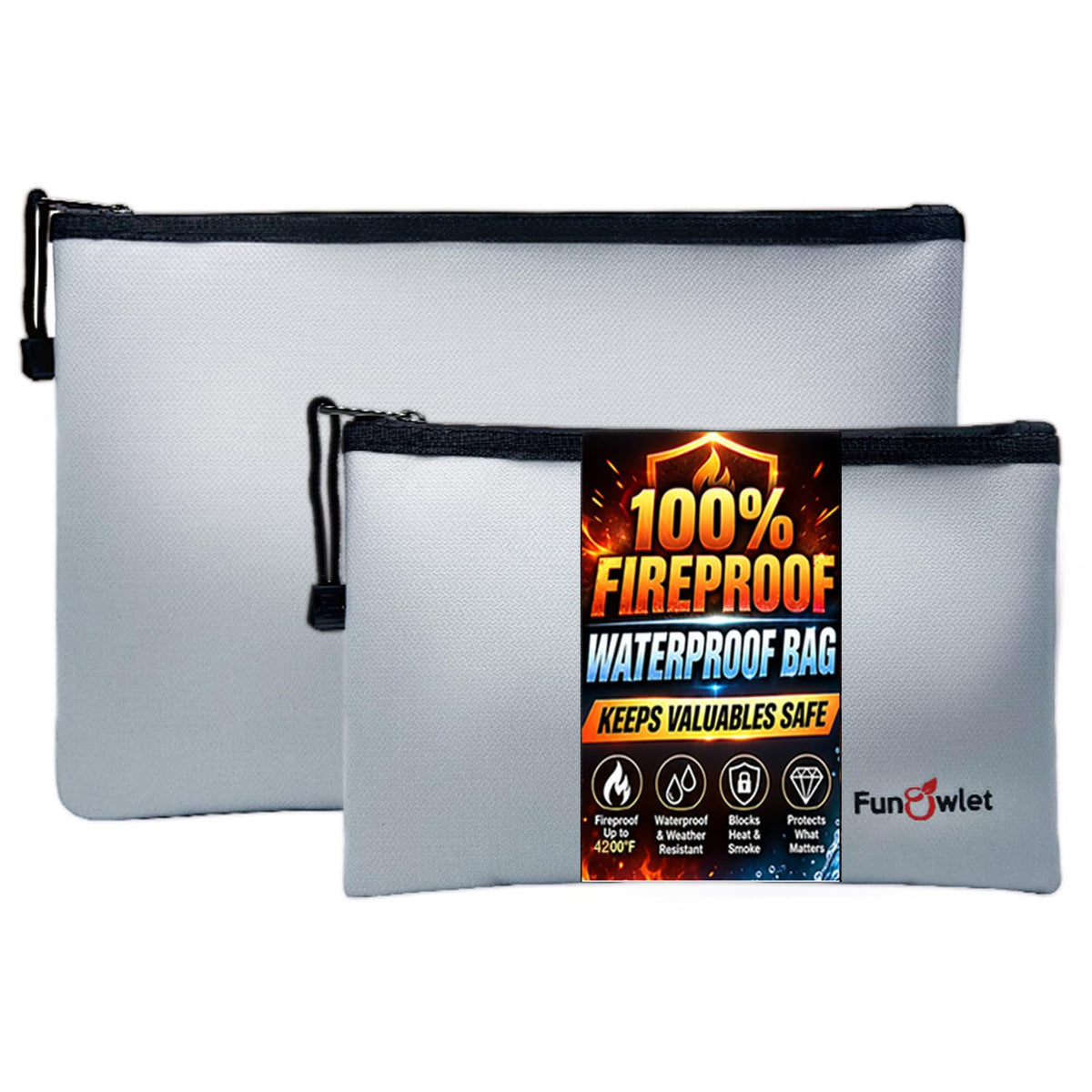 Fireproof Waterproof Money Document Bag, 2Pack Safe Pouch Gray - Image 1
