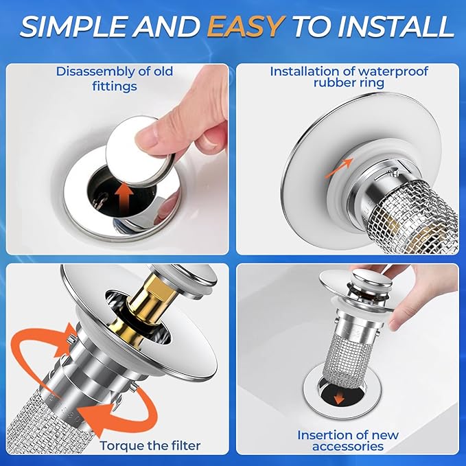 Sink Stopper Hair Catcher, Pop-up Sink Drain Strainer with Removable Stainless Steel Strainer Basket Hair Catcher, Bathroom Sink Strainer for Bathroom Sink Stopper Replacement(4PCS)