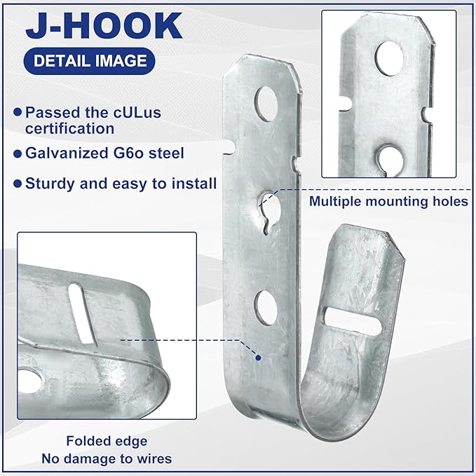 Gisafai 200 Pcs Cable Support J-Hook, 3/4 Inch Metal Garage Hooks for Hanging, Heavy Duty Network for Cable and Wire Management Wall Attaching J Utility, G60 Galvanized Steel, Silver