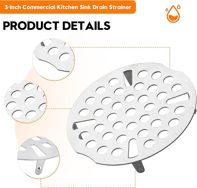 3-Inch Commercial Kitchen Sink Drain Strainer, Stainless Steel Flat Strainer, Replaces Twisted Waste Water Drain on 3-Compartment Sinks (3-Pack)