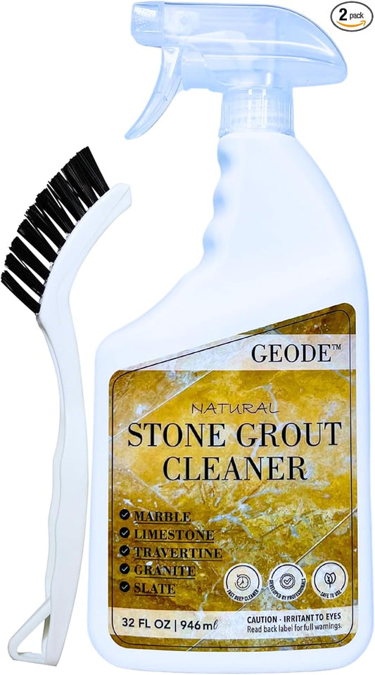 GEODE Natural Stone Grout Cleaner & Brush for tile floors - non-damaging, safe for Marble, Limestone, Travertine, Ceramic - Industrial Strength Tile, Stain Remover, Powerful Formula (32 oz)