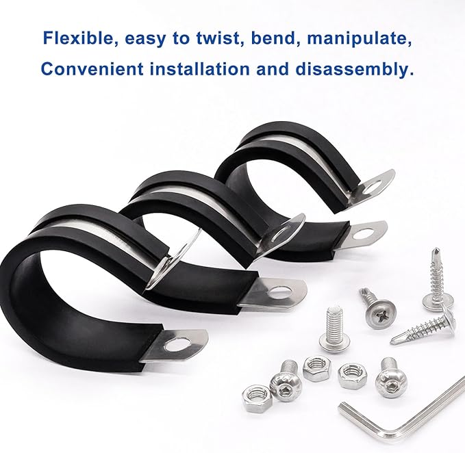 Taiss 50PCS 3/8 Inch Cable Clamps 304 Stainless Steel Rubber Cushion Insulated Wire Clamps,Pipe Clamps,Loop Clamps,Hose Clamp,Metal Rubber Clips With Two Kinds Of Screws(10mm) F-098-10mm