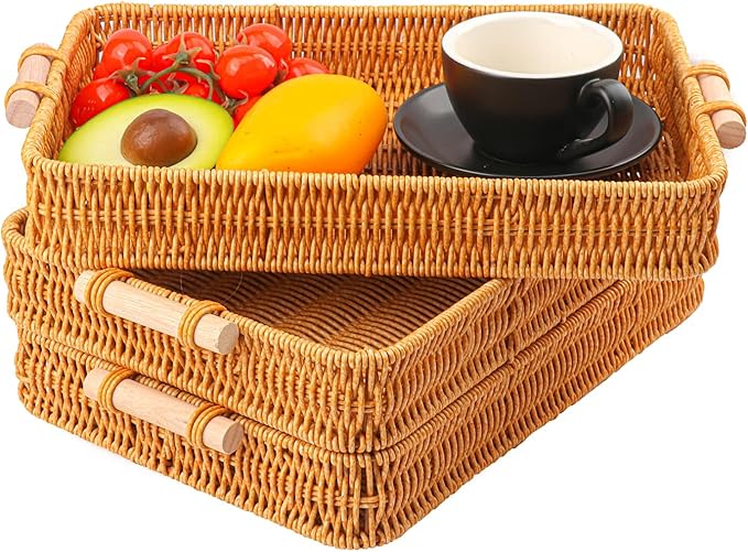 3 Pack 13.8 x 9.8 inch Rectangle Rattan Tray, Rectangle Woven Serving Basket with Handles, Storage Rattan Serving Trays for Home, Restaurant & Hotel Use, Durable & Easy-Cleaning