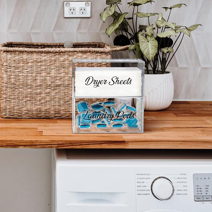 Dryer Sheet Holder, Acrylic Dryer Sheet Dispenser with Anti Slip Pads, Laundry Pod Container, Laundry Room Organization Dispenser, Laundry Pod Holder, Clothes Pins, Dryer Balls Storage