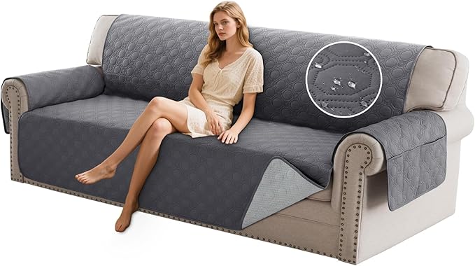 PrinceDeco Large Couch Covers for Oversized Sofa 3 Cushion Couch Sofa Cover for Dogs Water Proof Furniture Protector Cover with Elastic Straps for Pet (Oversized Sofa, Grey)